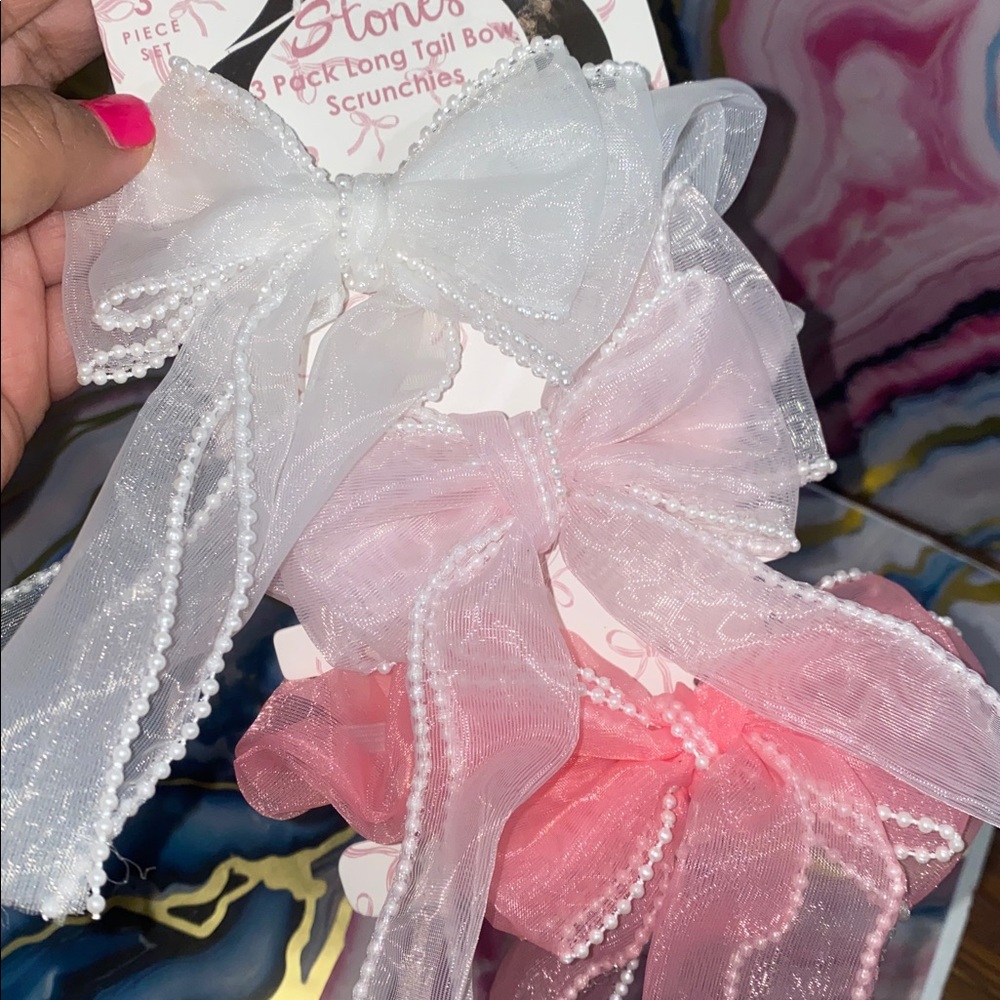 3 pk long tail Elegant Sheer Bows scrunchies